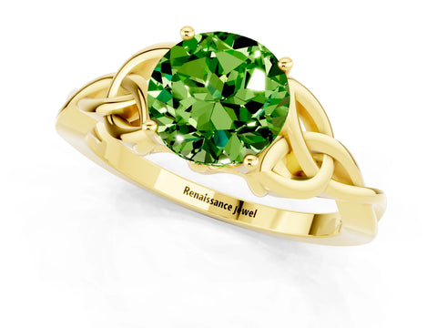 Yellow gold Round Cut Peridot Solitaire Engagement Ring with Celtic Knot Band and Four-Prong Setting_1
