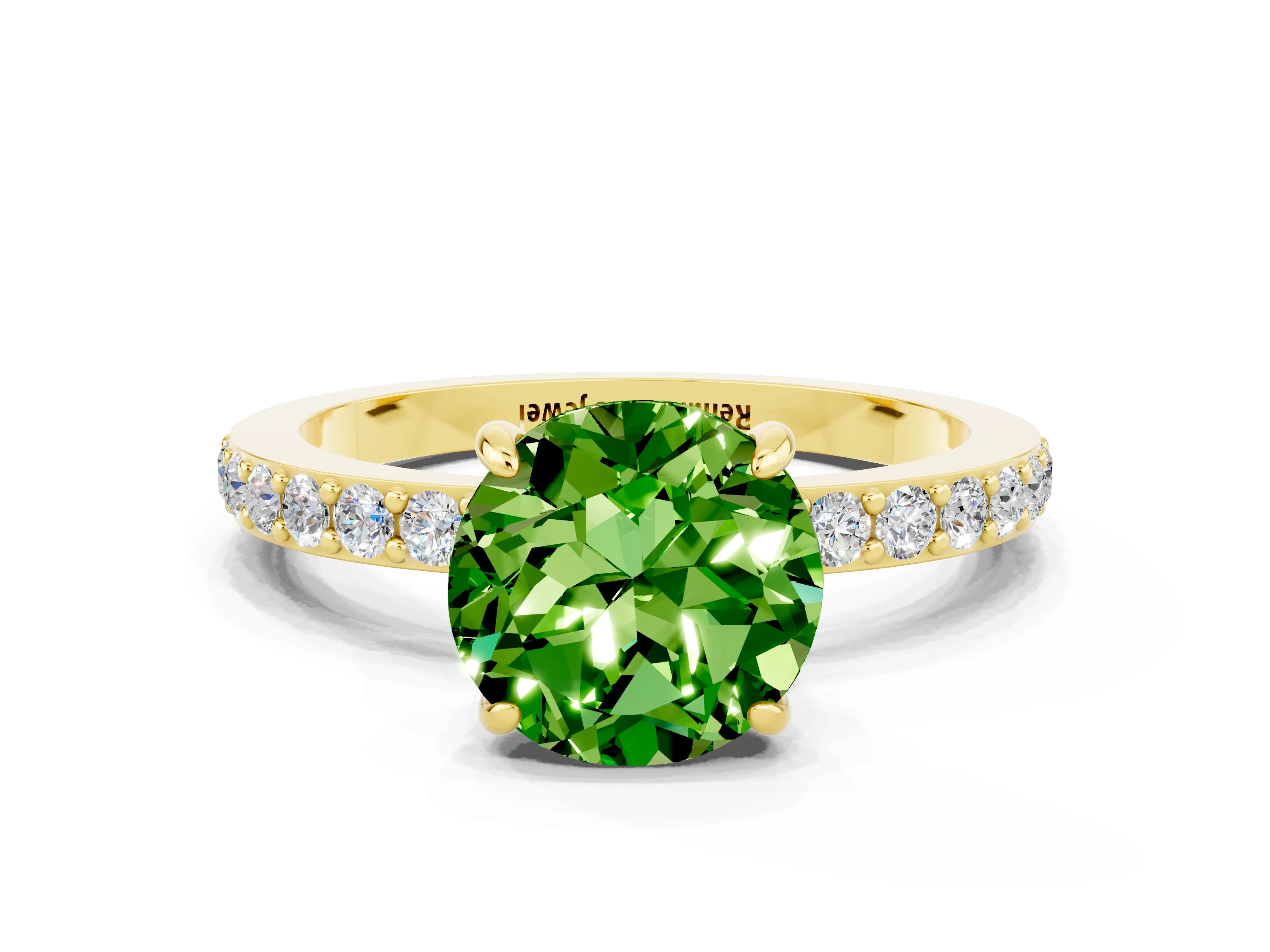 Yellow gold Round Cut Peridot Solitaire Engagement Ring with Pavé Band and Four-Prong Setting