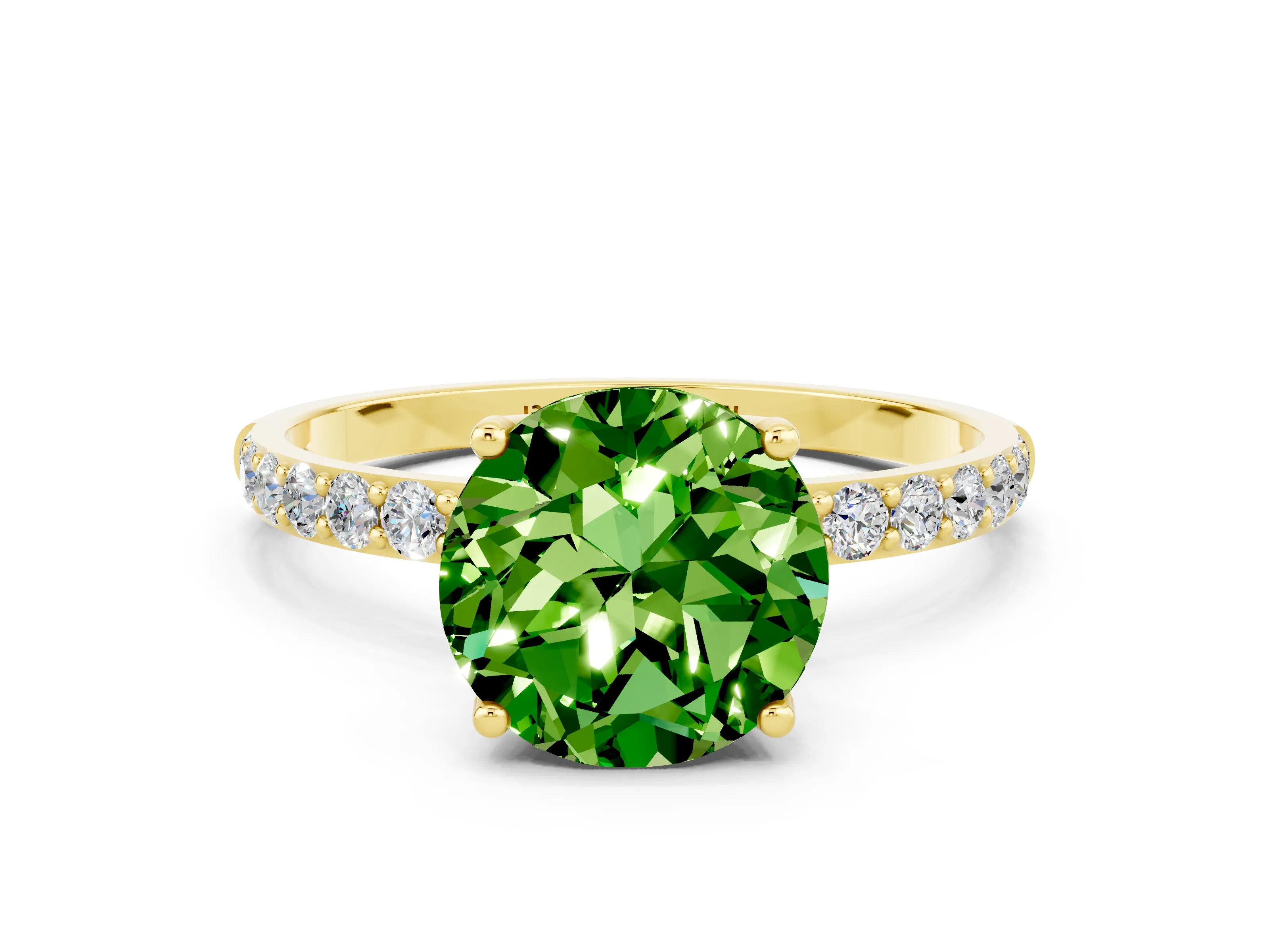 Yellow gold Round Cut Peridot Solitaire Engagement Ring with Pavé Band and Prong Setting
