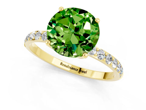 Yellow gold Round Cut Peridot Solitaire Engagement Ring with Pavé Band and Prong Setting_1
