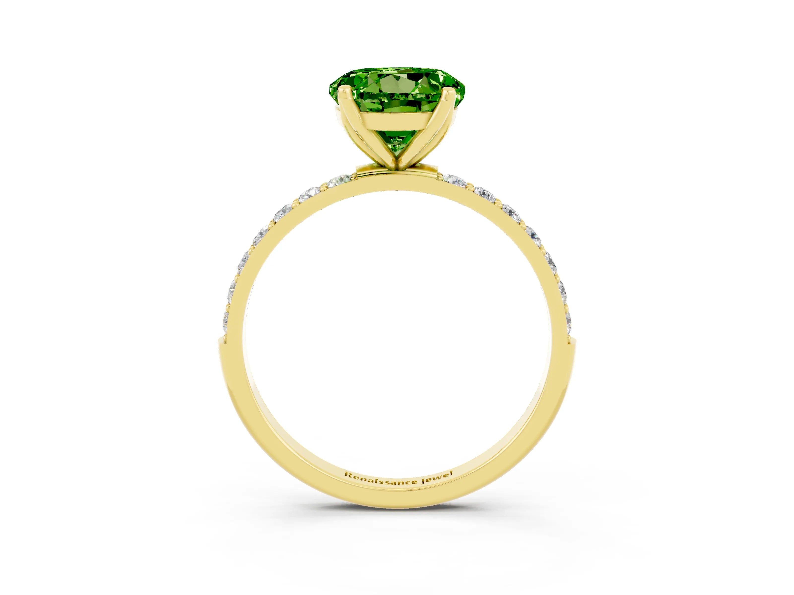 Yellow gold Round Cut Peridot Solitaire Engagement Ring with Pavé Band and Prong Setting_3