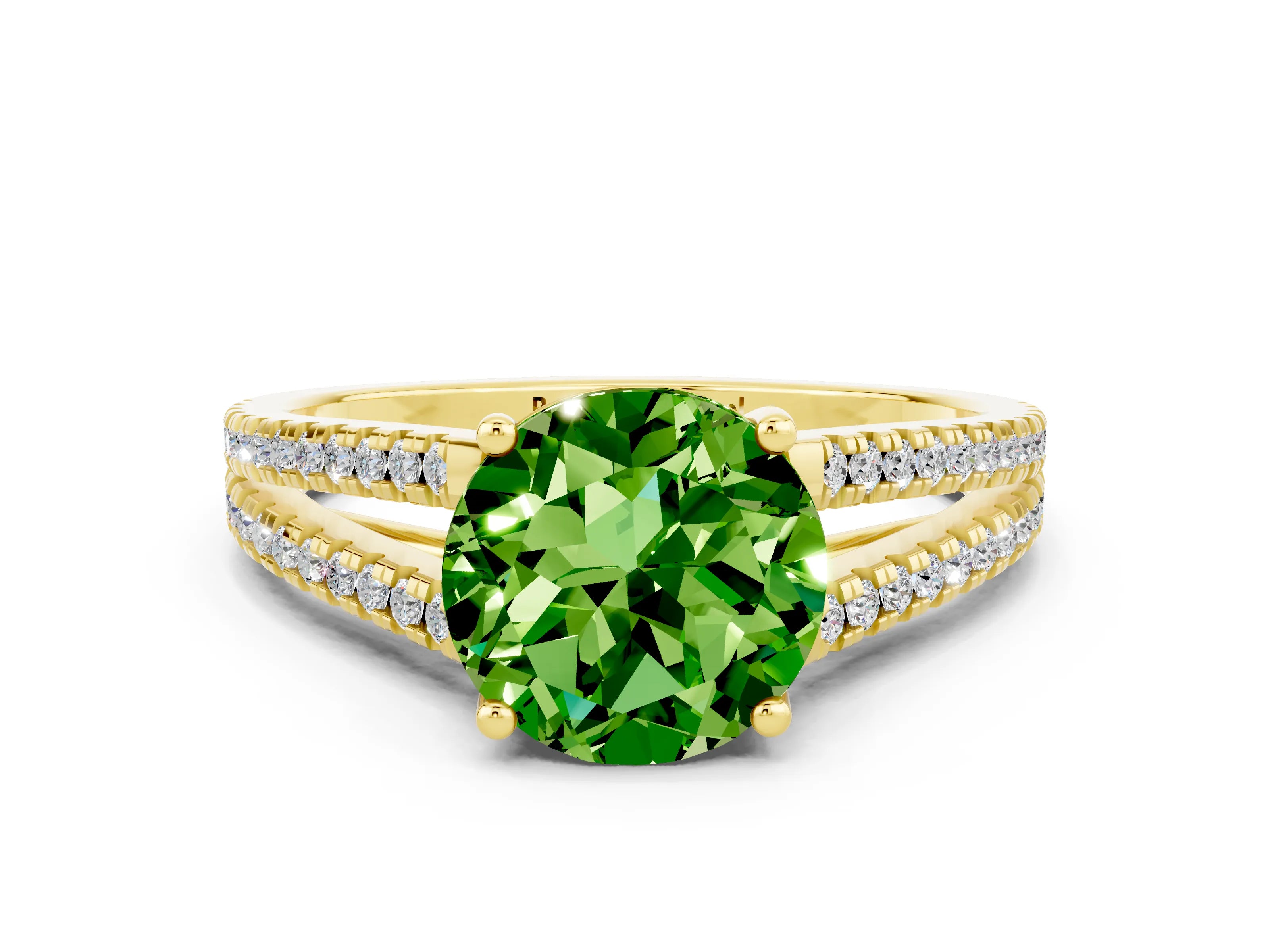 Yellow gold Round Cut Peridot Solitaire Engagement Ring with Split Shank Pavé Band