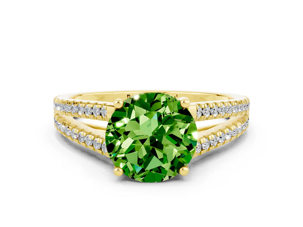Yellow gold Round Cut Peridot Solitaire Engagement Ring with Split Shank Pavé Band