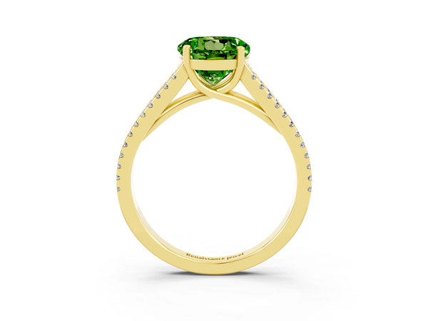 Yellow gold Round Cut Peridot Solitaire Engagement Ring with Split Shank Pavé Band