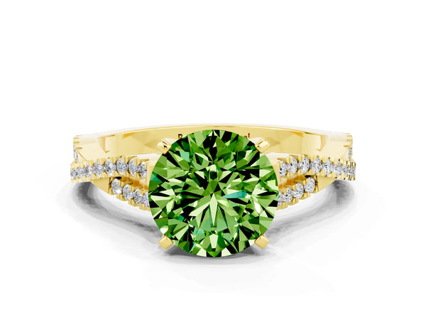 Yellow gold Round Cut Peridot Solitaire Engagement Ring with Twisted Pavé Band and Four-Prong Setting