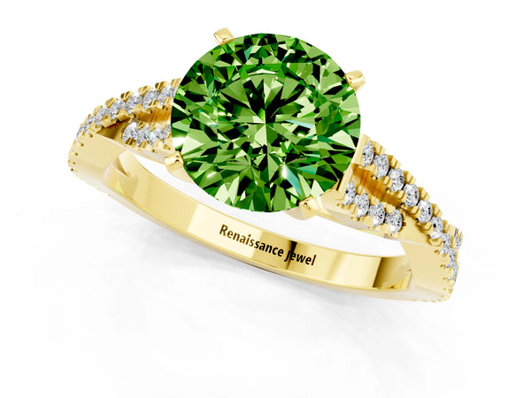 Yellow gold Round Cut Peridot Solitaire Engagement Ring with Twisted Pavé Band and Four-Prong Setting