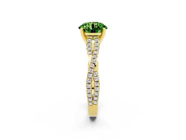 Yellow gold Round Cut Peridot Solitaire Engagement Ring with Twisted Pavé Band and Four-Prong Setting