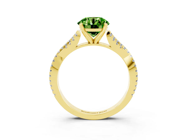 Yellow gold Round Cut Peridot Solitaire Engagement Ring with Twisted Pavé Band and Four-Prong Setting