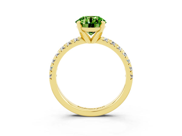 Yellow gold Round Cut Peridot Solitaire Pavé Engagement Ring with Round Band and Prong Setting