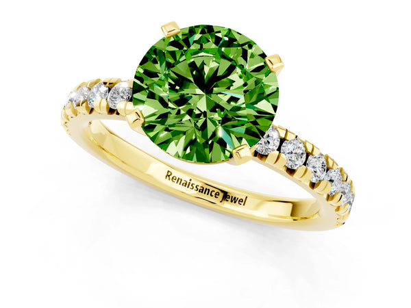 Yellow gold Round Cut Peridot Solitaire Pavé Engagement Ring with Round Band and Prong Setting