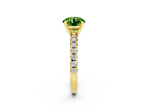 Yellow gold Round Cut Peridot Solitaire Pavé Engagement Ring with Round Band and Prong Setting