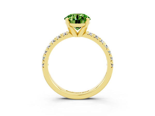Yellow gold Round Cut Peridot Solitaire Pavé Engagement Ring with Round Band and Prong Setting