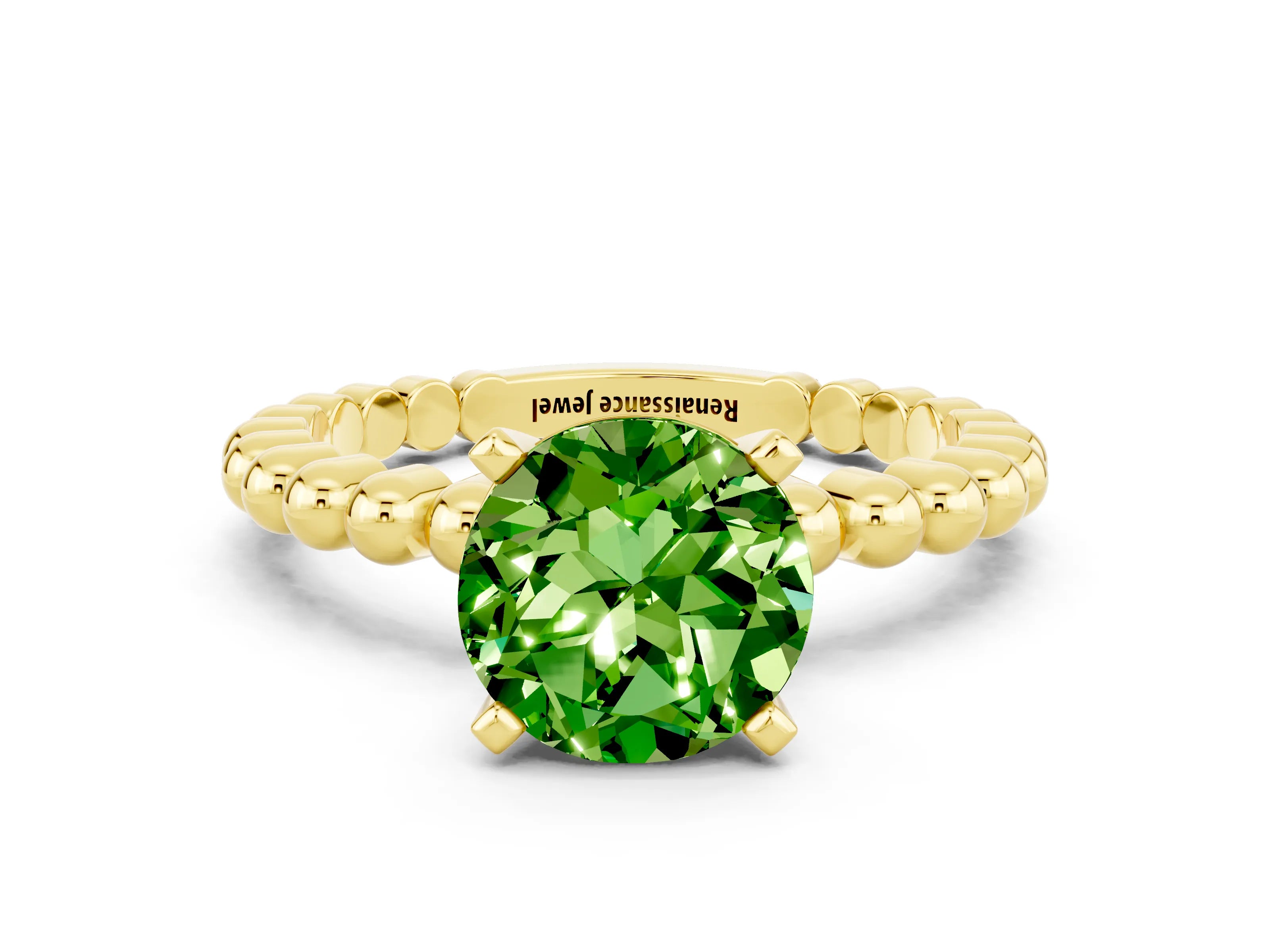 Yellow gold Round Cut Peridot Solitaire Ring with Beaded Band and Prong Setting
