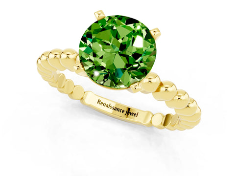 Yellow gold Round Cut Peridot Solitaire Ring with Beaded Band and Prong Setting_1