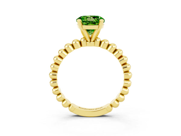 Yellow gold Round Cut Peridot Solitaire Ring with Beaded Band and Prong Setting