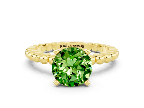 Yellow gold Round Cut Peridot Solitaire Ring with Beaded Band and Prong Setting