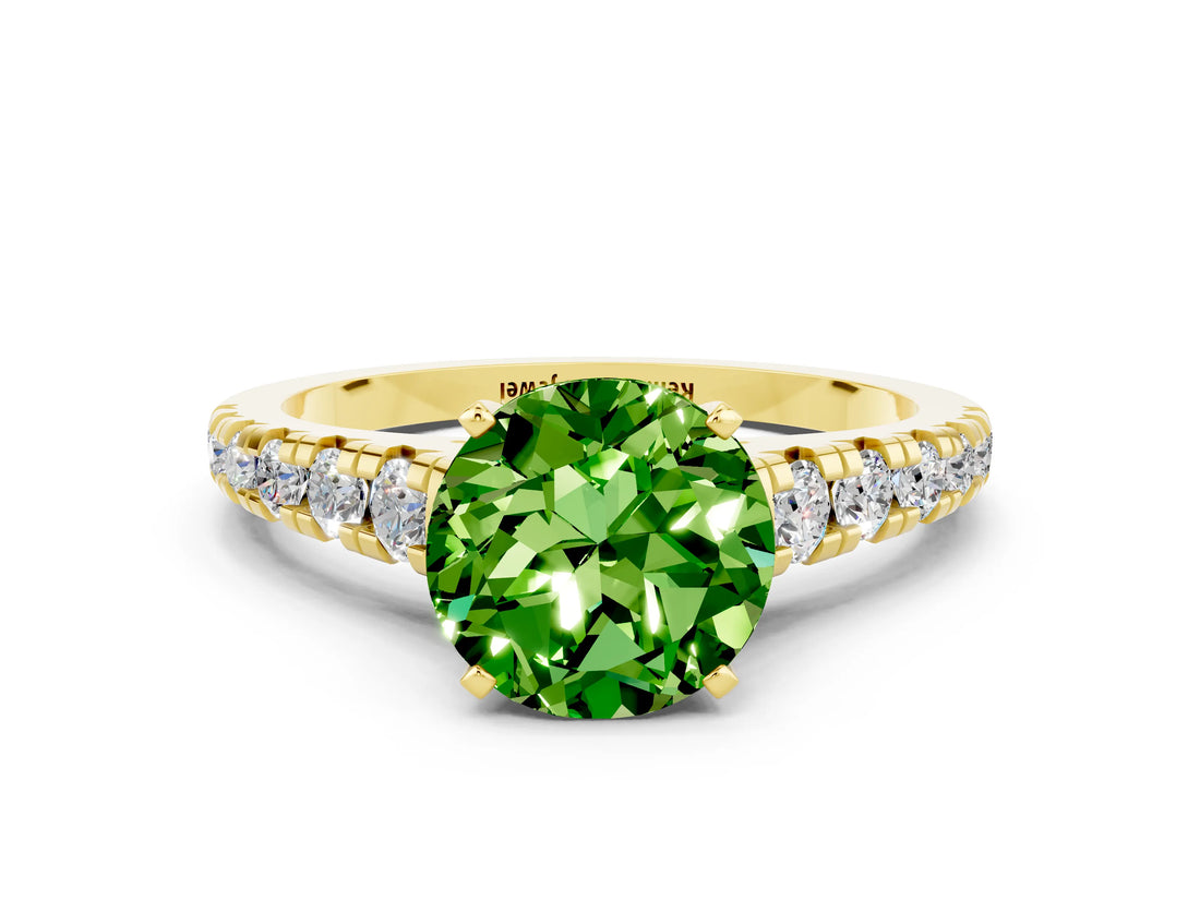 Yellow gold Round Cut Peridot Solitaire Ring with Cathedral Setting and Pavé Band