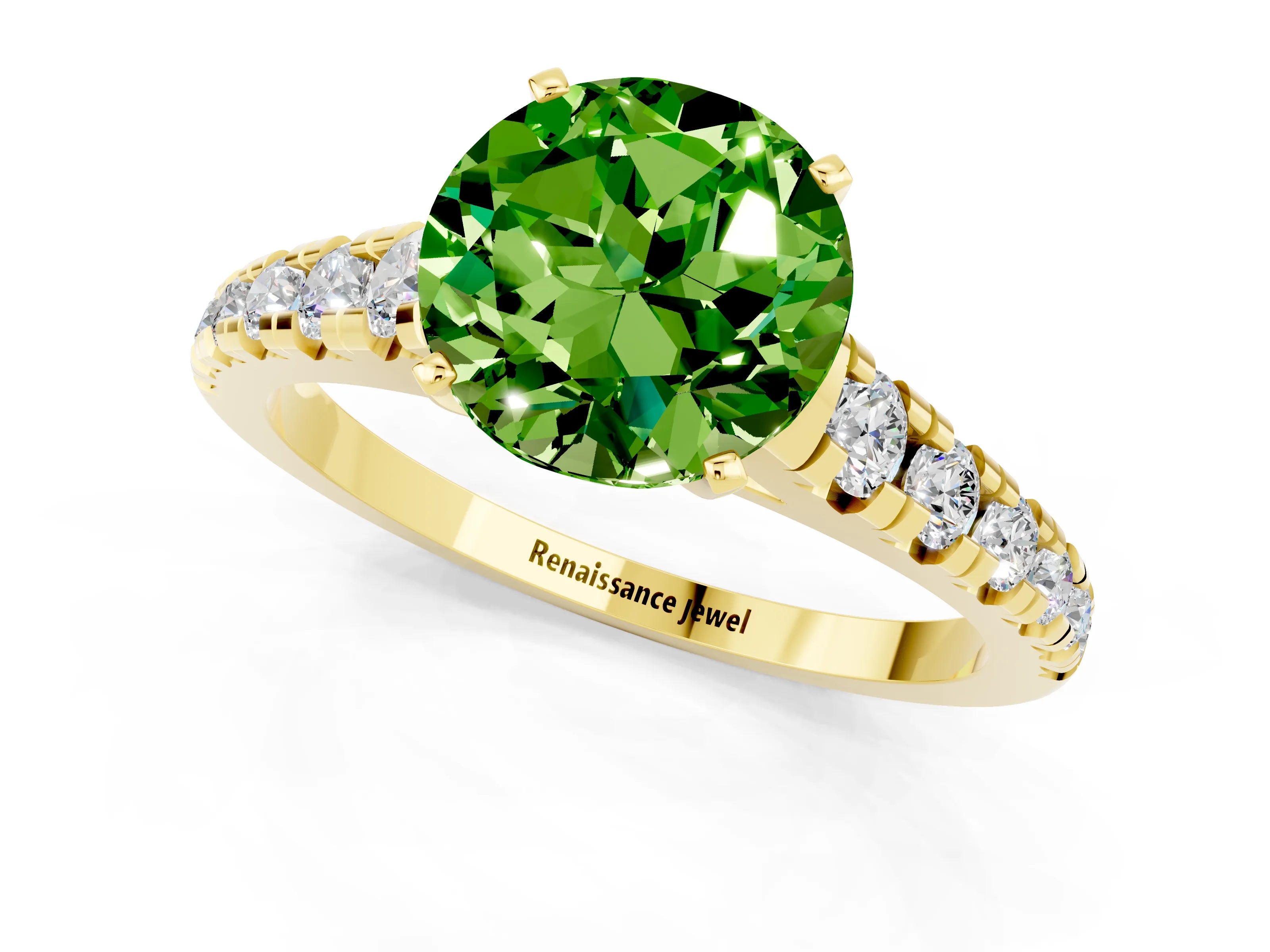 Yellow gold Round Cut Peridot Solitaire Ring with Cathedral Setting and Pavé Band_1