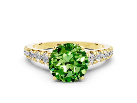 Yellow gold Round Cut Peridot Solitaire Ring with Cathedral Setting and Pavé Band