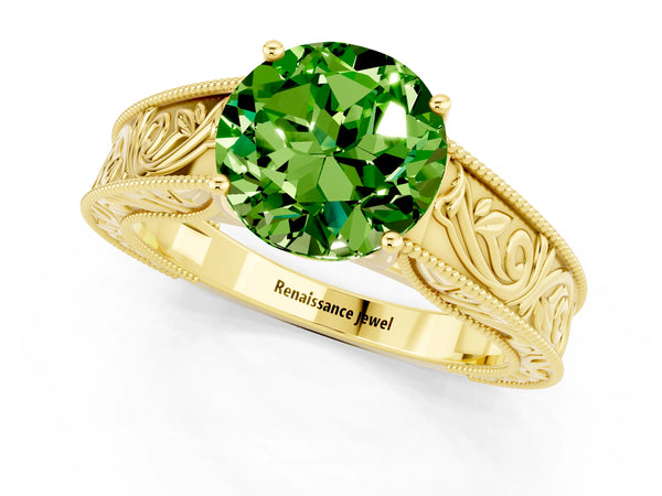 Yellow gold Round Cut Peridot Solitaire Ring with Engraved Band and Four-Prong Setting