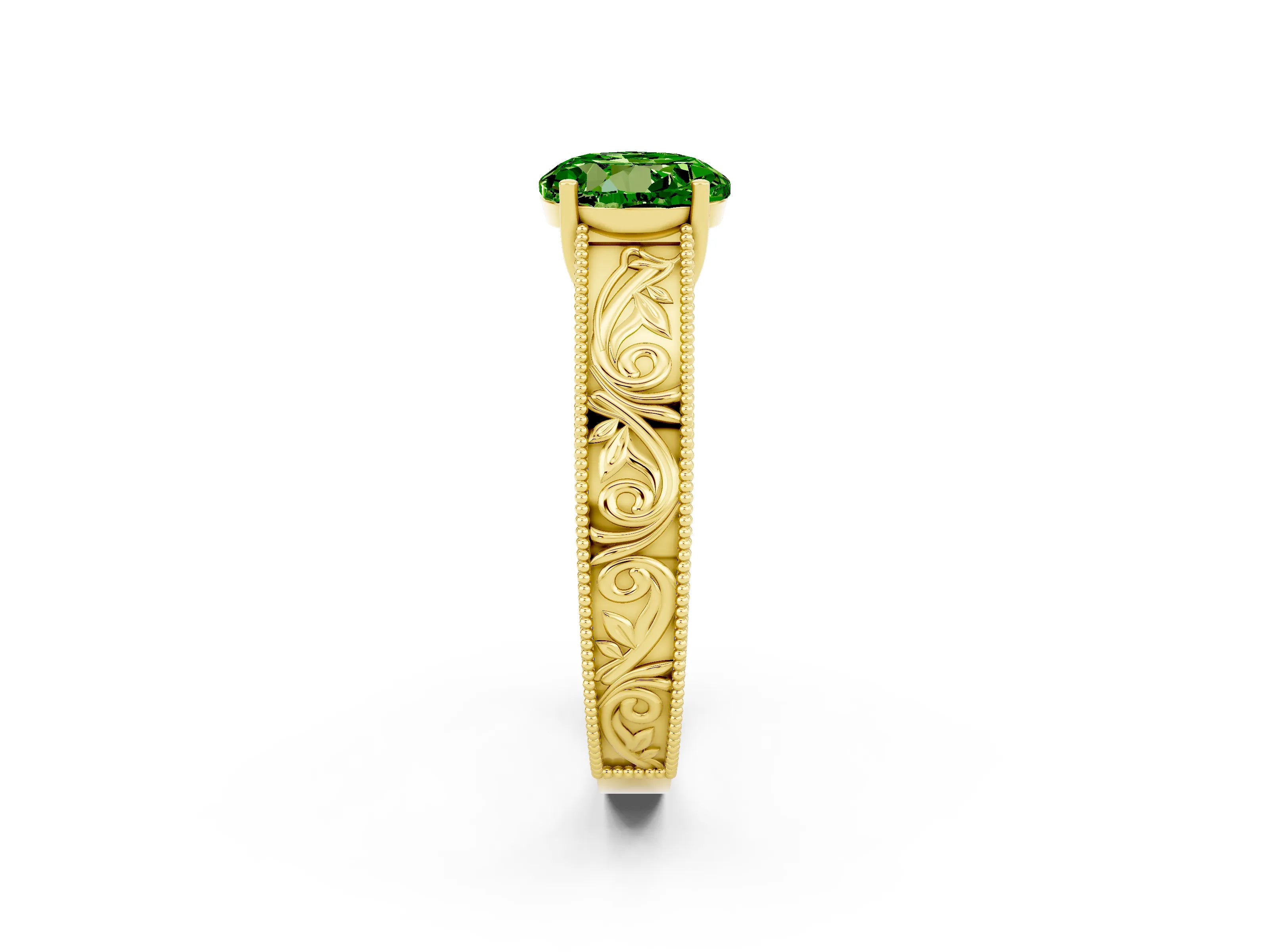 Yellow gold Round Cut Peridot Solitaire Ring with Engraved Band and Four-Prong Setting_2