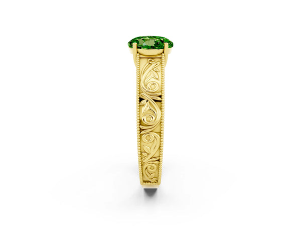 Yellow gold Round Cut Peridot Solitaire Ring with Engraved Band and Four-Prong Setting