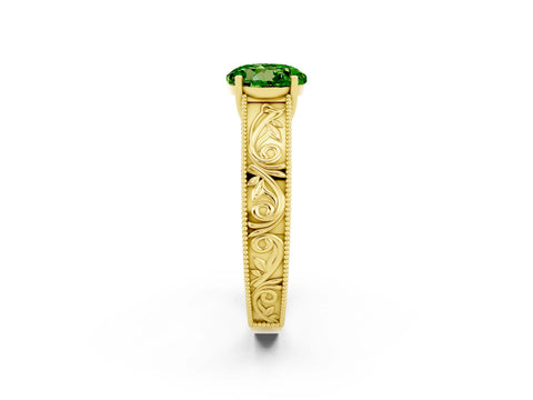 Yellow gold Round Cut Peridot Solitaire Ring with Engraved Band and Four-Prong Setting_2