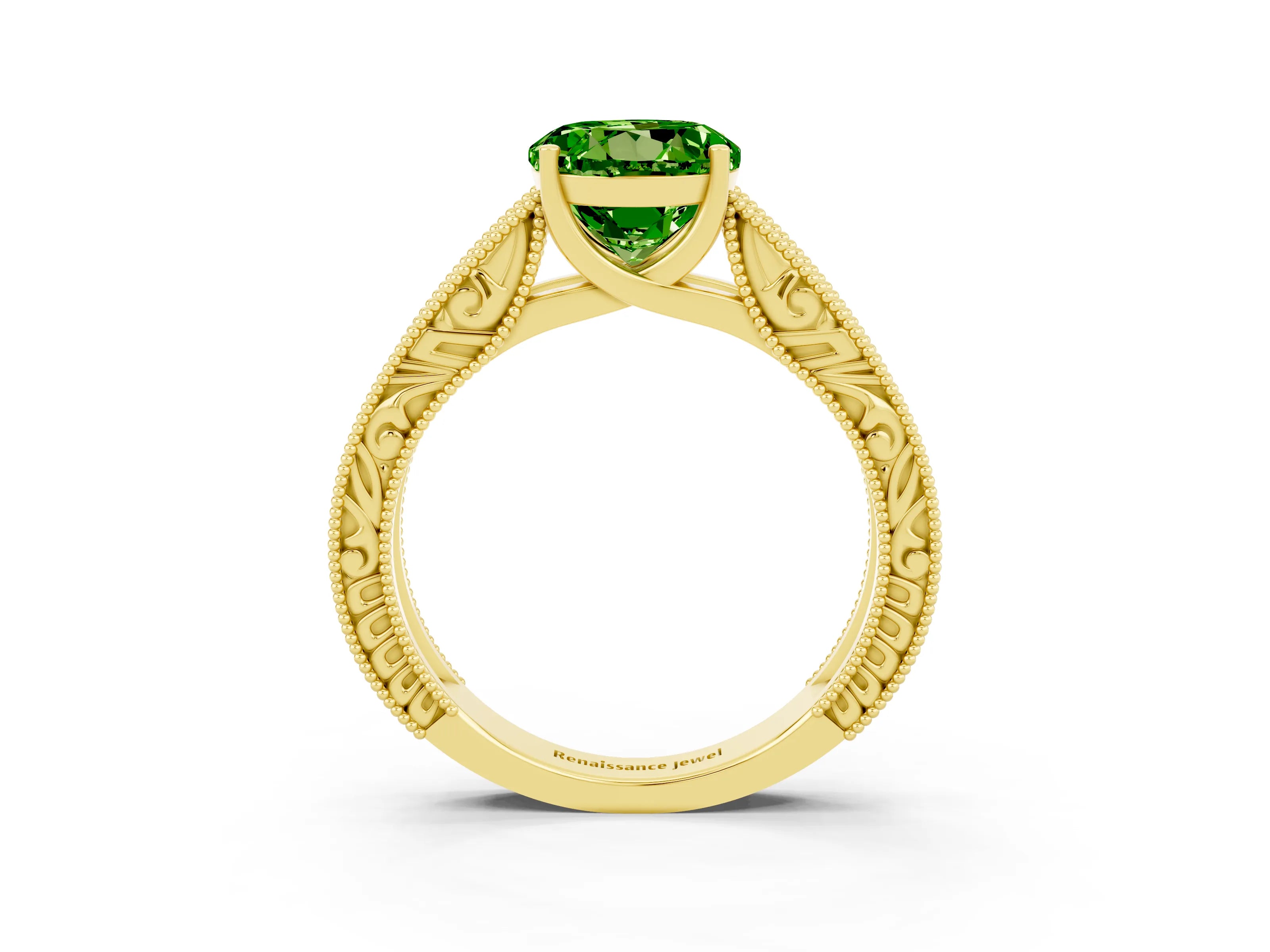 Yellow gold Round Cut Peridot Solitaire Ring with Engraved Band and Four-Prong Setting_3