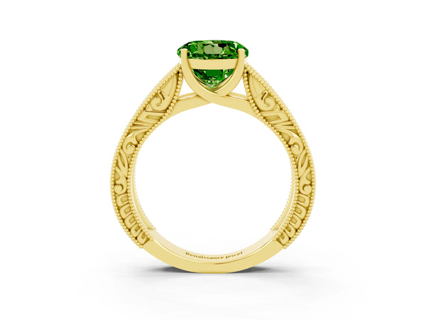 Yellow gold Round Cut Peridot Solitaire Ring with Engraved Band and Four-Prong Setting