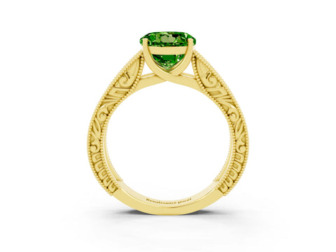 Yellow gold Round Cut Peridot Solitaire Ring with Engraved Band and Four-Prong Setting_3
