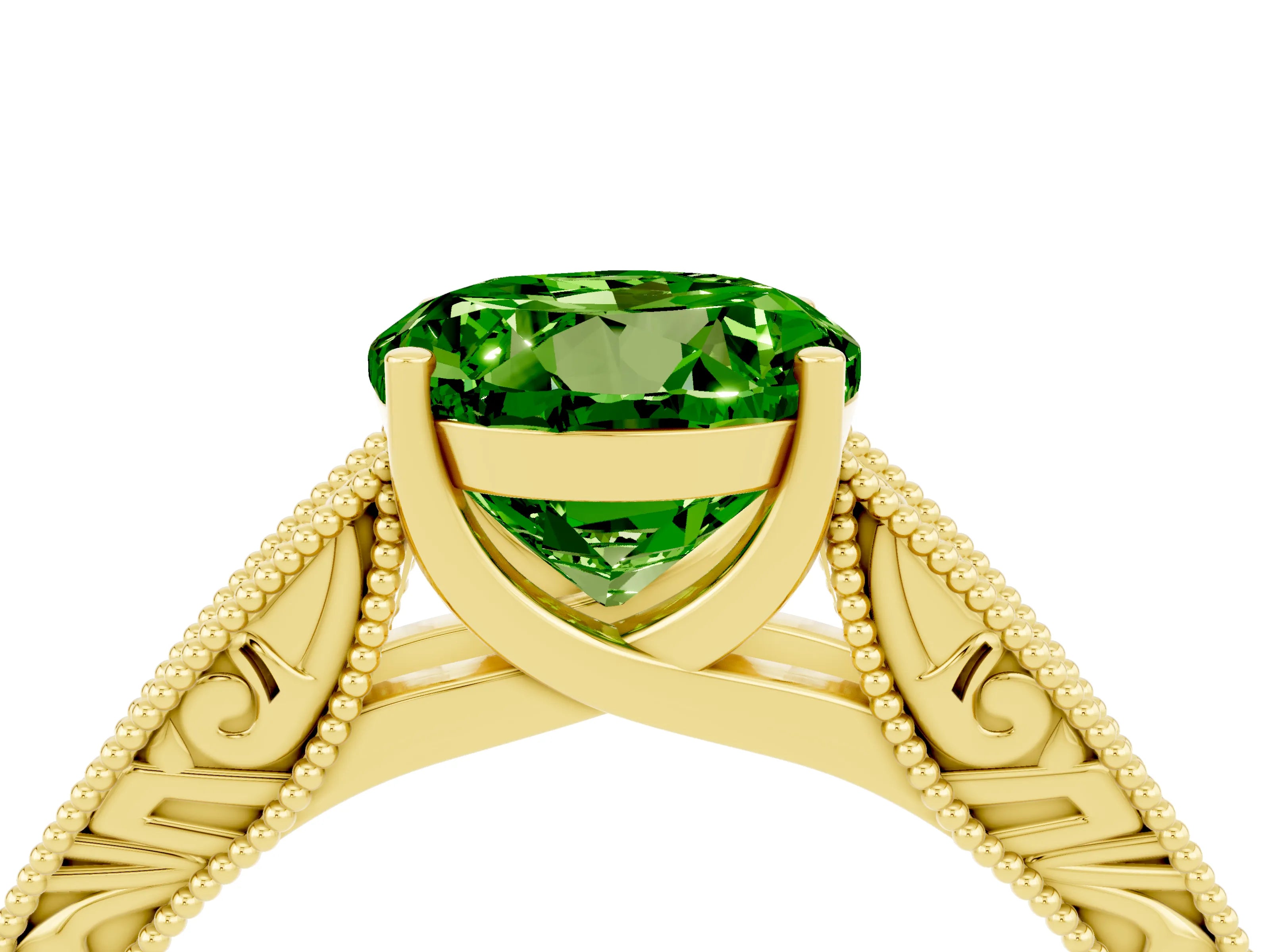 Yellow gold Round Cut Peridot Solitaire Ring with Engraved Band and Four-Prong Setting_4