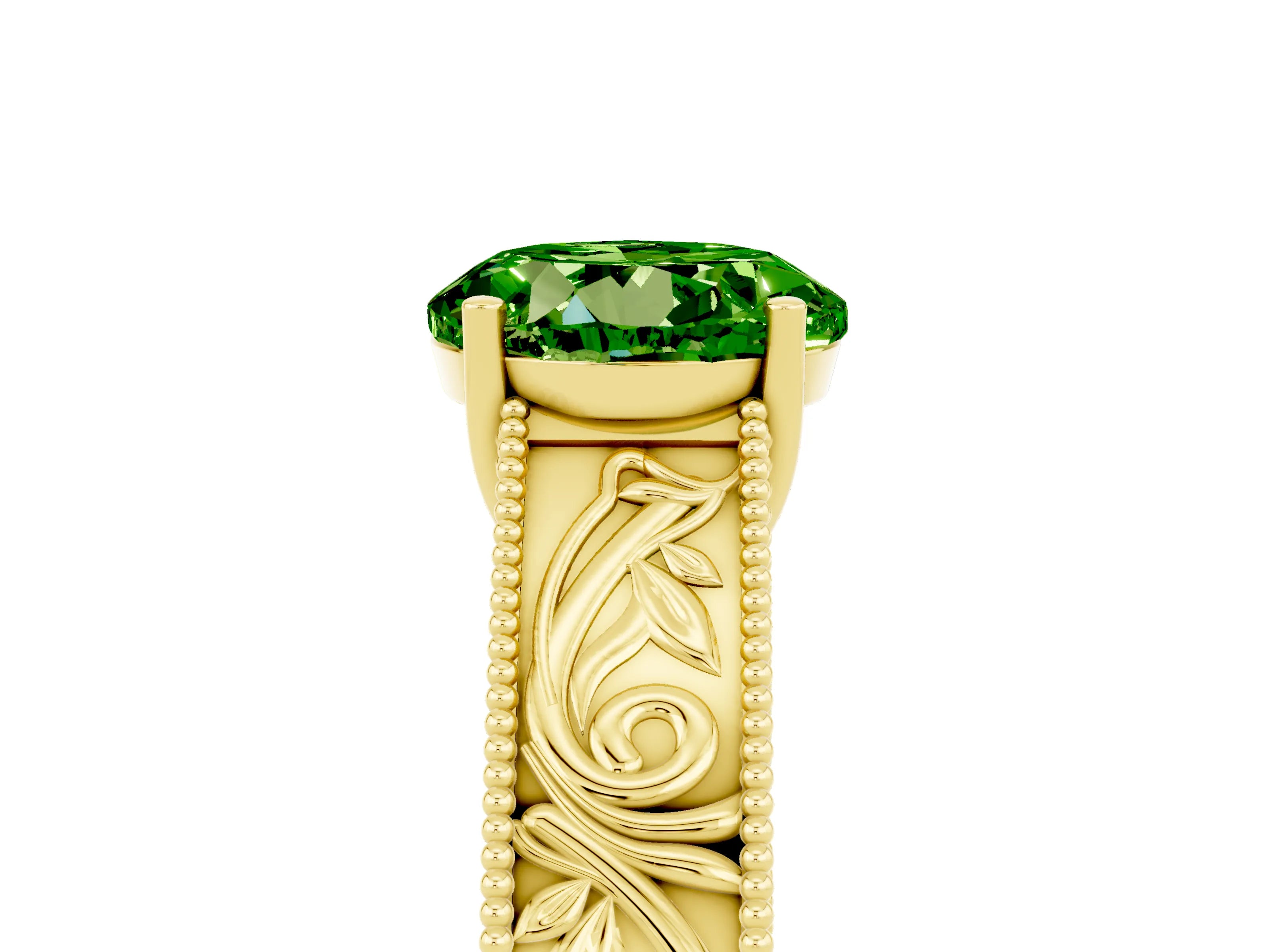 Yellow gold Round Cut Peridot Solitaire Ring with Engraved Band and Four-Prong Setting_5