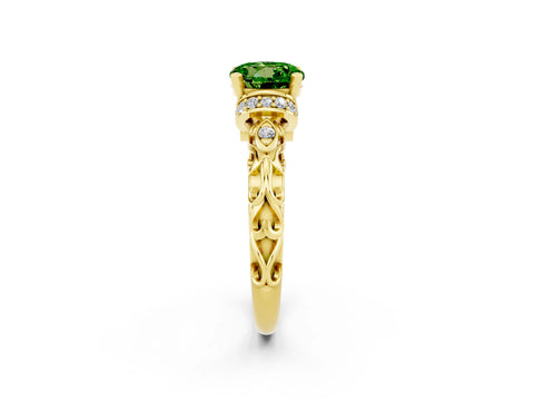 Yellow gold Round Cut Peridot Solitaire Ring with Filigree Band and Four-Prong Setting_26