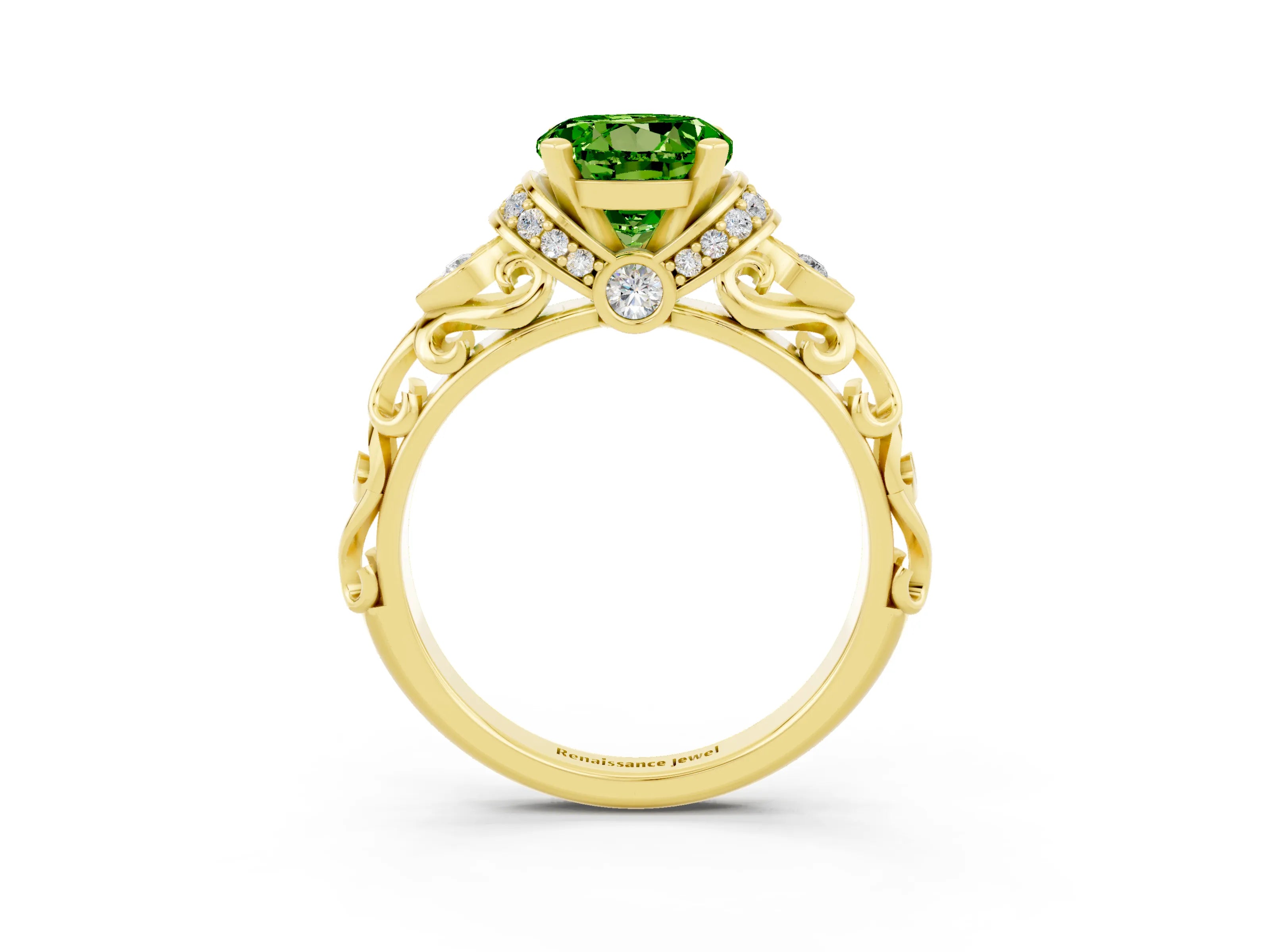Yellow gold Round Cut Peridot Solitaire Ring with Filigree Band and Four-Prong Setting_27