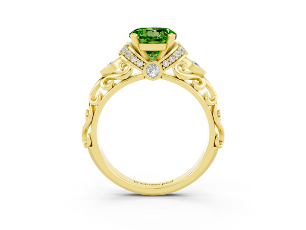 Yellow gold Round Cut Peridot Solitaire Ring with Filigree Band and Four-Prong Setting
