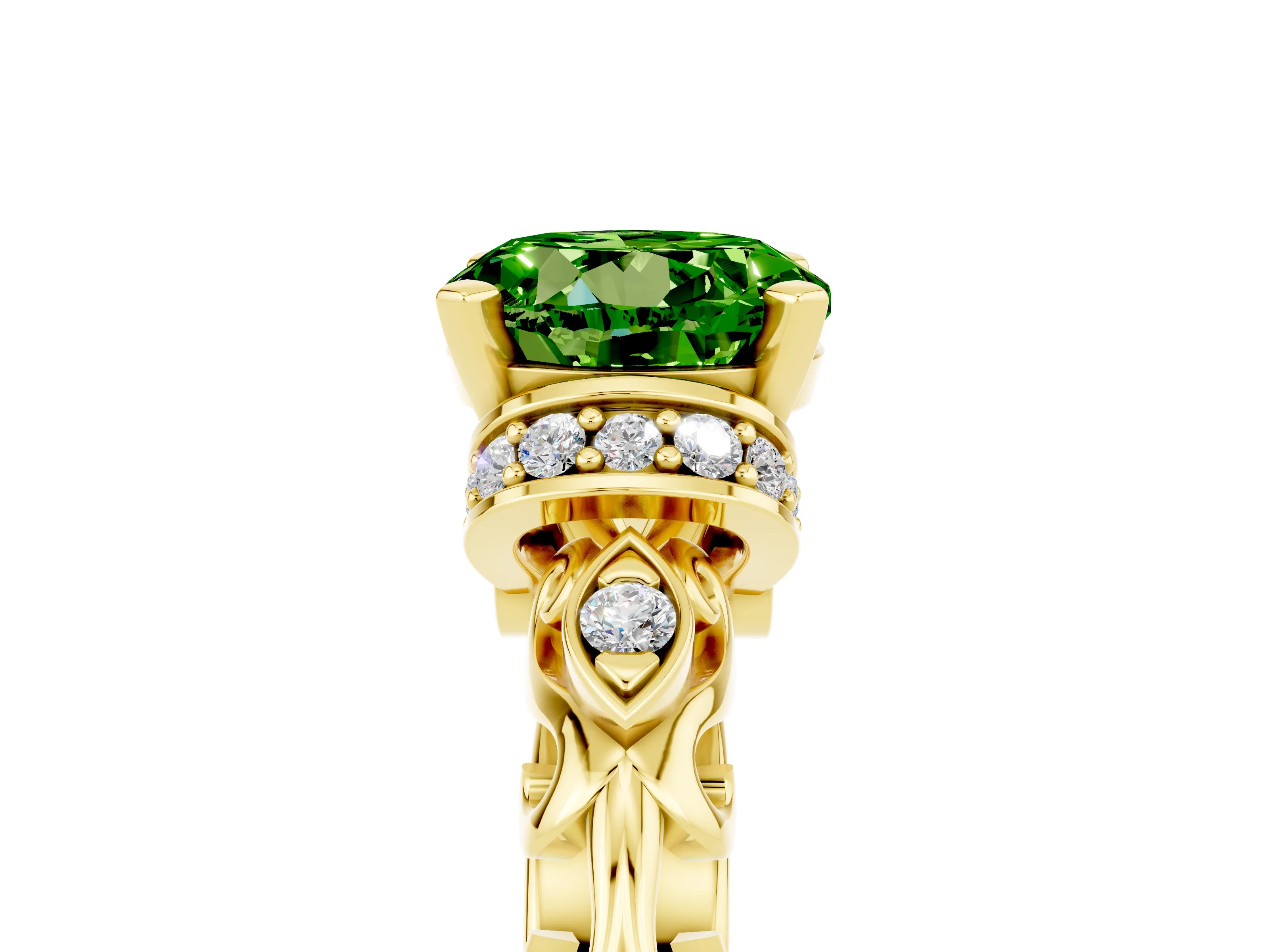 Yellow gold Round Cut Peridot Solitaire Ring with Filigree Band and Four-Prong Setting_29