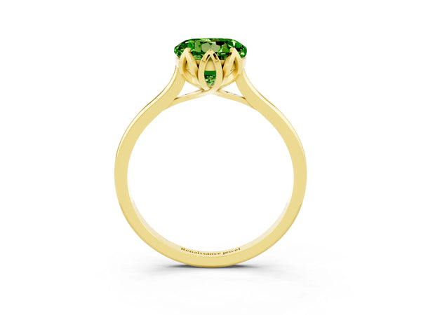 Yellow gold Round Cut Peridot Solitaire Ring with Flower Prong Setting and Classic Band