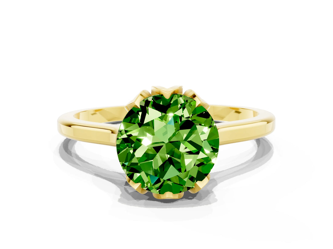 Yellow gold Round Cut Peridot Solitaire Ring with Flower Prong Setting and Classic Band_36