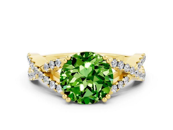 Yellow gold Round Cut Peridot Solitaire Ring with Four-Prong Setting and Twisted Pavé Band