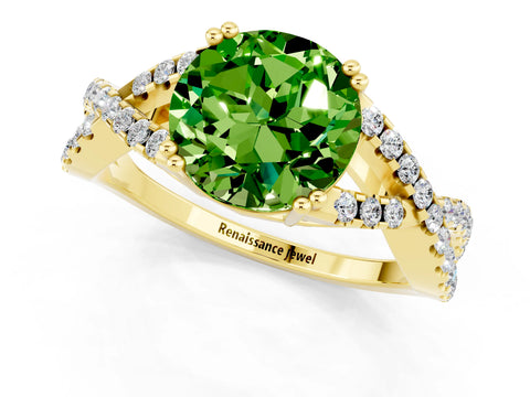 Yellow gold Round Cut Peridot Solitaire Ring with Four-Prong Setting and Twisted Pavé Band_1
