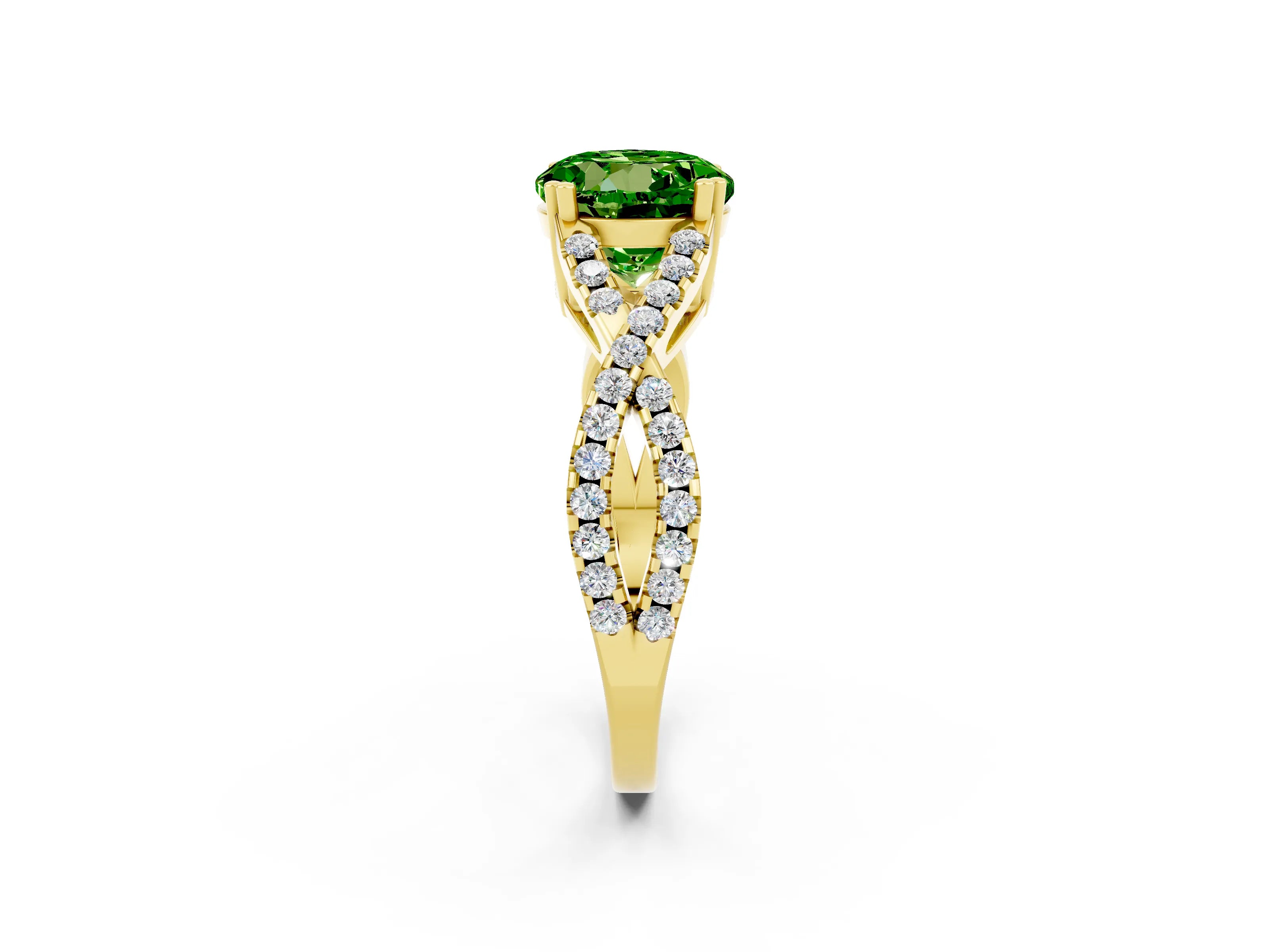 Yellow gold Round Cut Peridot Solitaire Ring with Four-Prong Setting and Twisted Pavé Band_2