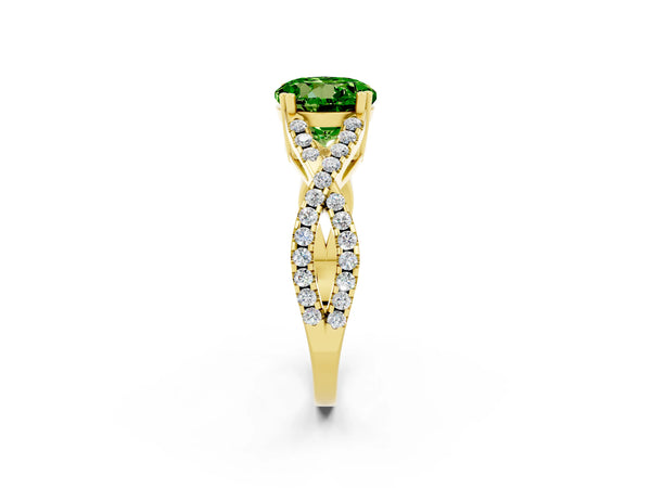 Yellow gold Round Cut Peridot Solitaire Ring with Four-Prong Setting and Twisted Pavé Band