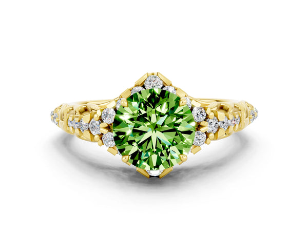 Yellow gold Round Cut Peridot Solitaire Ring with Hidden Halo and Pavé Band