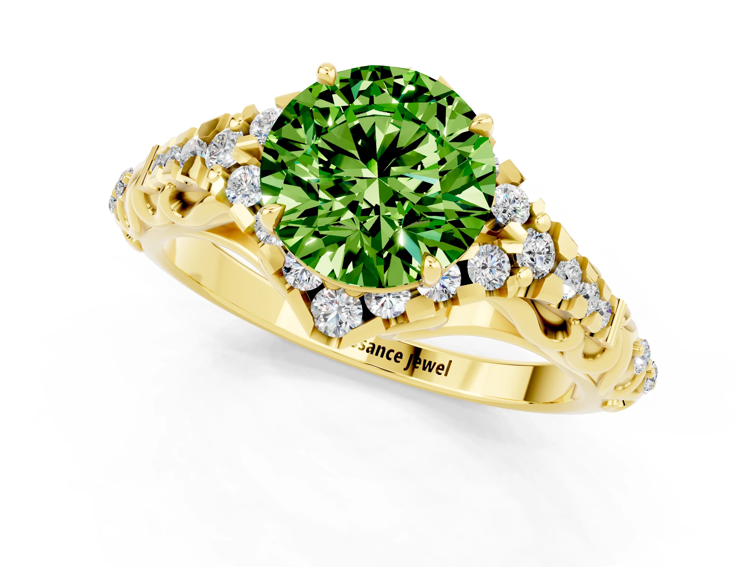 Yellow gold Round Cut Peridot Solitaire Ring with Hidden Halo and Pavé Band_13