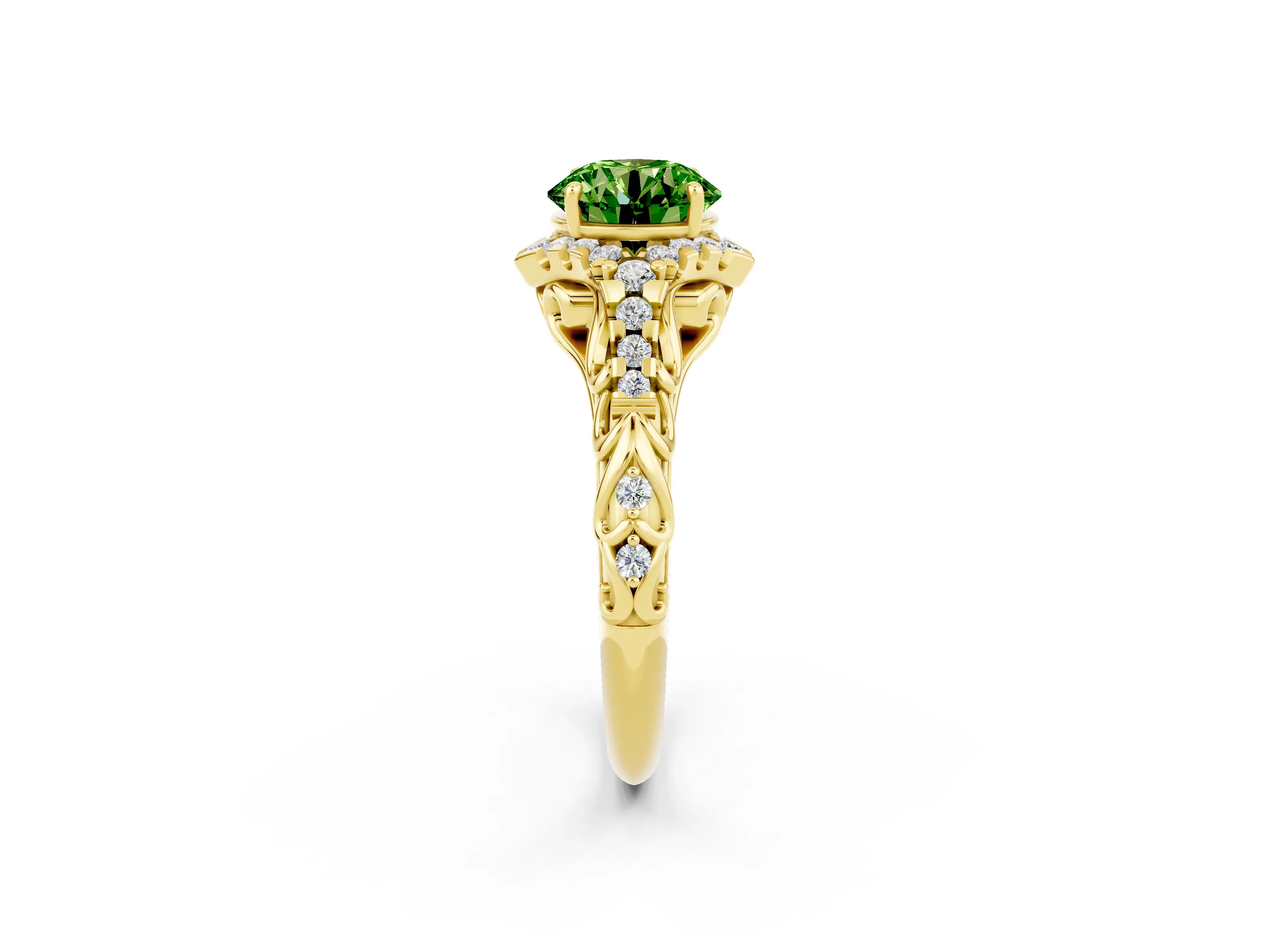 Yellow gold Round Cut Peridot Solitaire Ring with Hidden Halo and Pavé Band_14