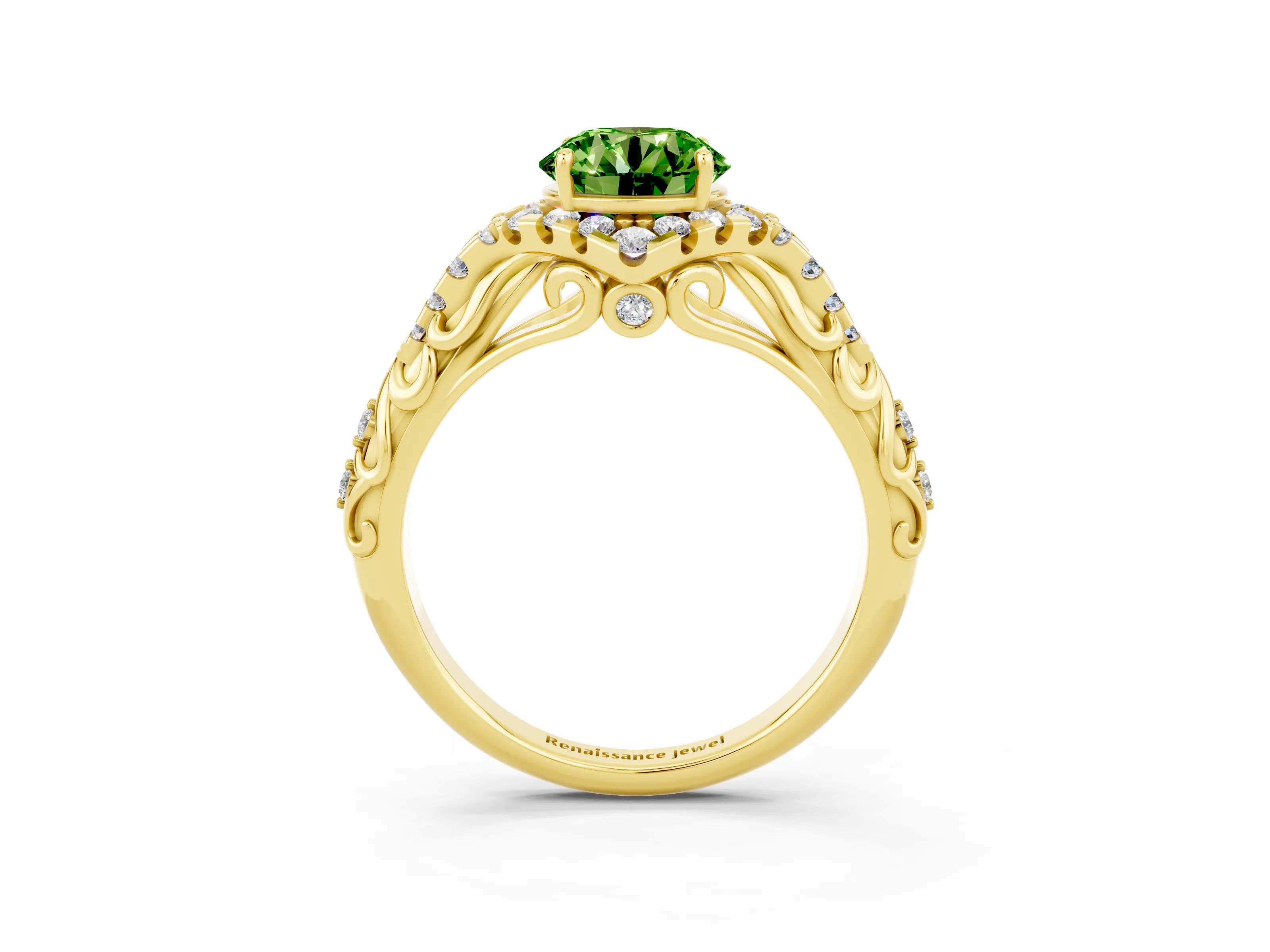 Yellow gold Round Cut Peridot Solitaire Ring with Hidden Halo and Pavé Band_15