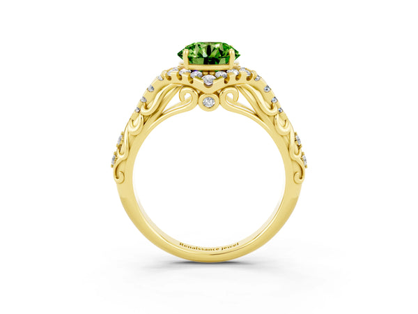 Yellow gold Round Cut Peridot Solitaire Ring with Hidden Halo and Pavé Band