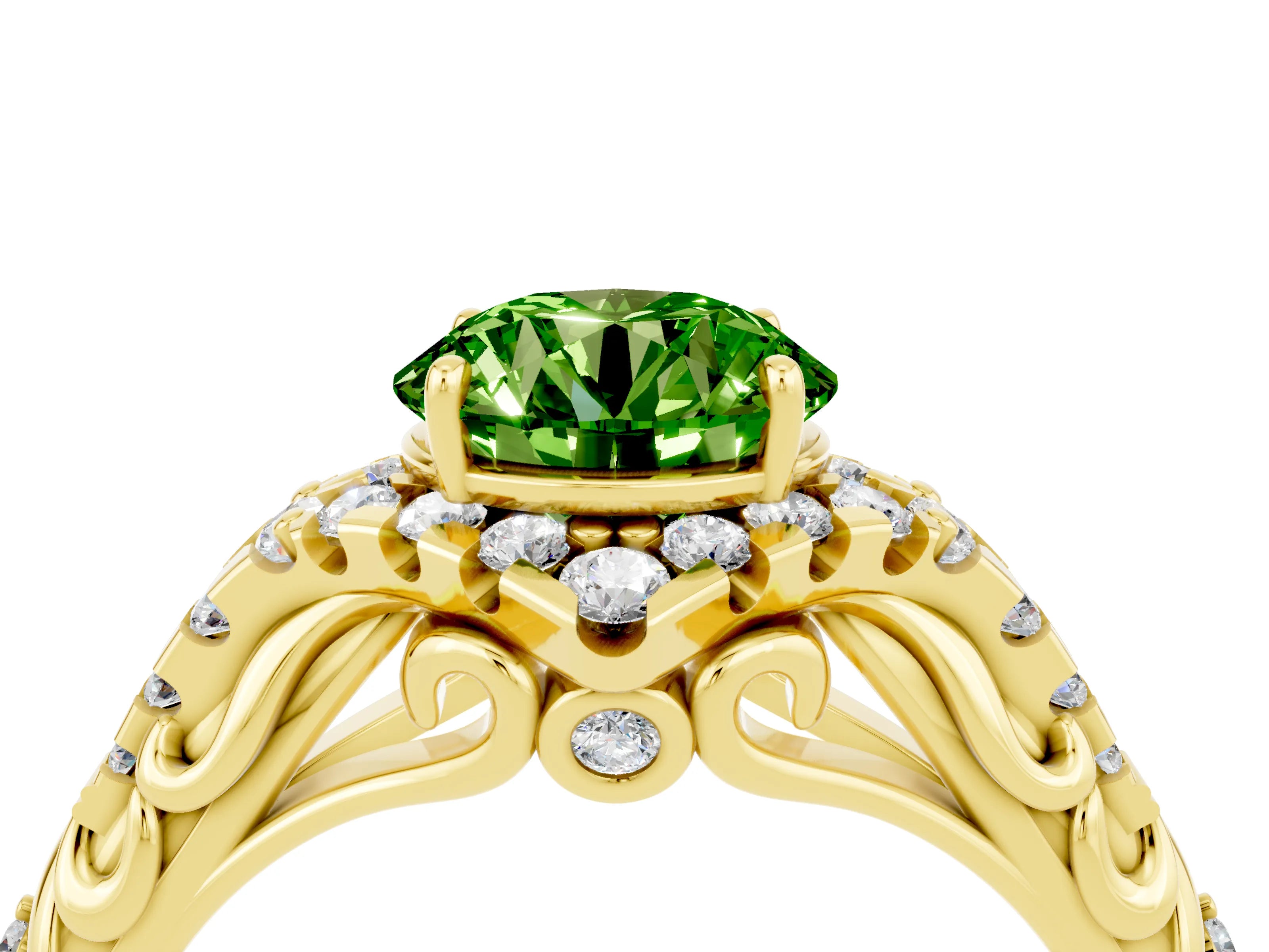 Yellow gold Round Cut Peridot Solitaire Ring with Hidden Halo and Pavé Band_16