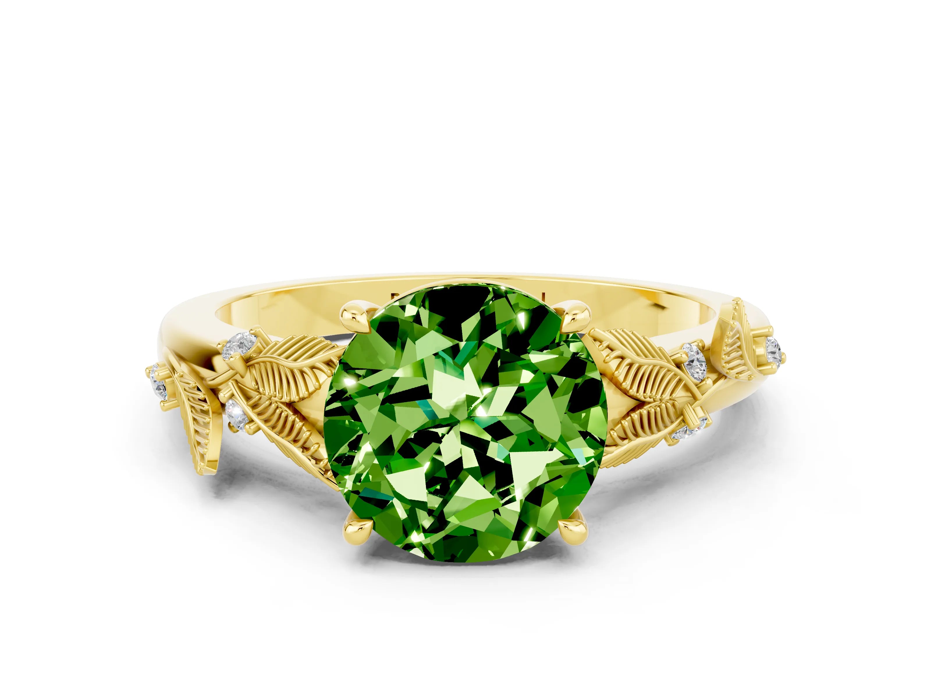 Yellow gold Round Cut Peridot Solitaire Ring with Leaf Motif Band and Four-Prong Setting