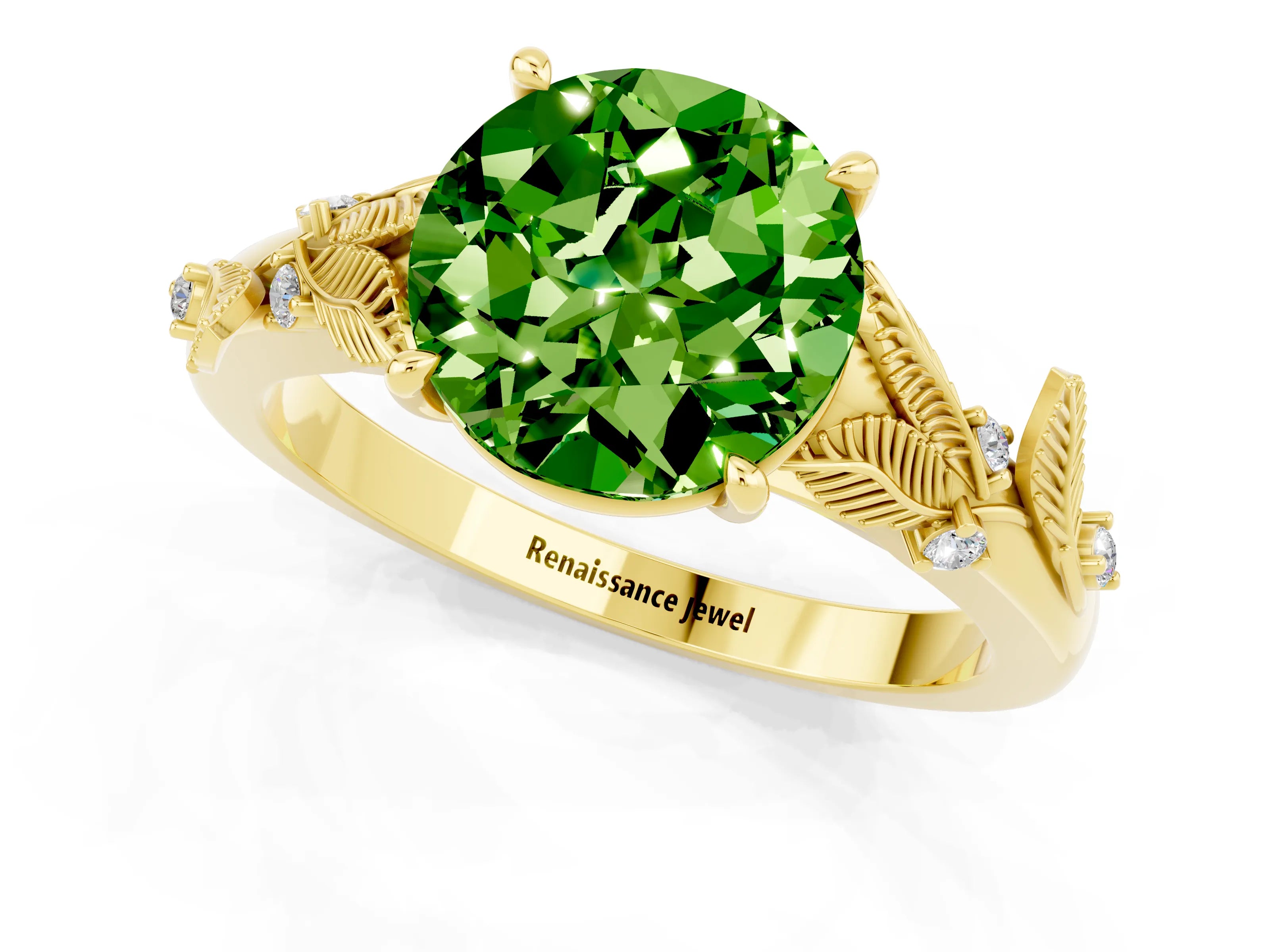 Yellow gold Round Cut Peridot Solitaire Ring with Leaf Motif Band and Four-Prong Setting_1